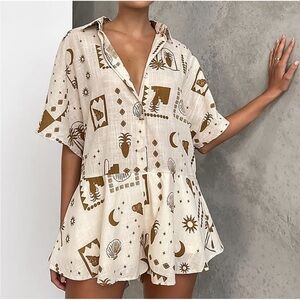 Commense Romper Women’s S Tropical Coastal Button Front Short Sleeve Lined